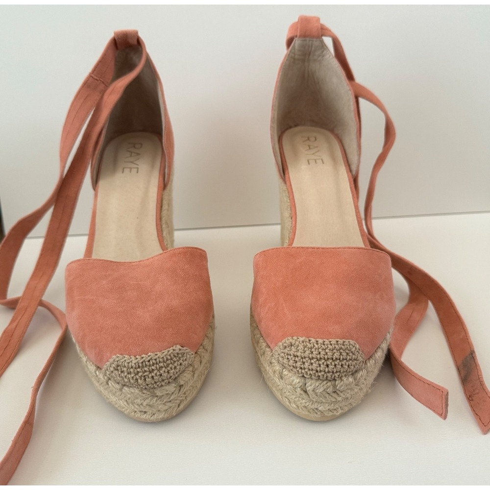 RAYE Dahlia Peach Suede Espadrille Wedge Sandals Women?s 6.5 Box 3172